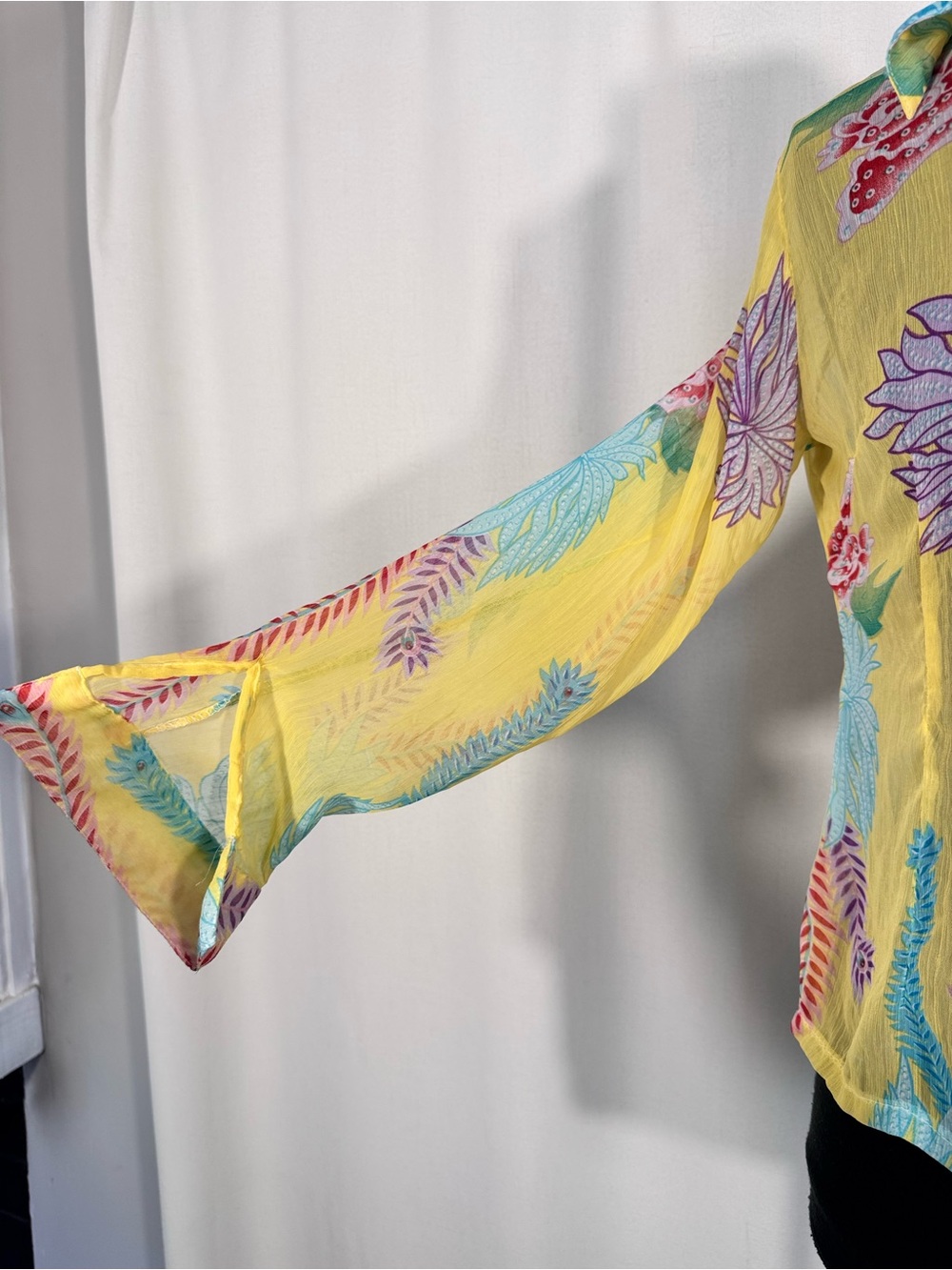 Vintage H.I.T. Yellow Sheer Floral Button-Up Blouse - Picture 4 of 9